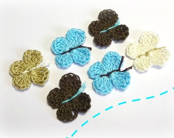 6 butterflies crocheted cotton ecru, Taupe and turquoise