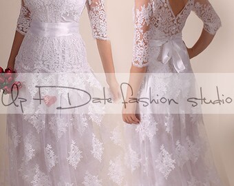 Lace Plus Size /Vfront & back /long/ mаxi wedding party/reception dress / lace / Bridal Gown 3/4 sleeve