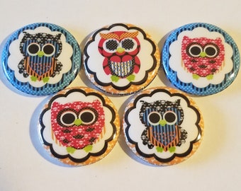 Animals Owls Funky Bright, 1 Inch buttons for bows, crafts, gifts, accessorizing, party favors, scrapbooking