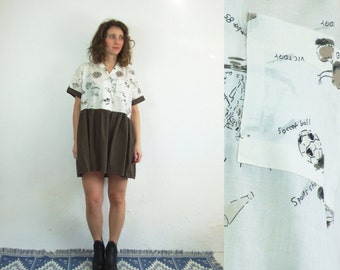 90's vintage women's white-khaki green printed mini shirt-dress