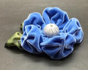Large Sea Blue Velvet Puffy Flower Applique