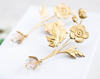 Gold Flower Earrings, Flower and Crystal Stud Earrings, Long Gold Earrings, Bridal Flower Earrings, Crystal Earrings, Stud Earrings