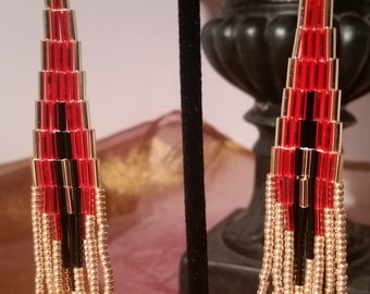 Red Black and Gold Bugle Beaded Sweeper Earrings