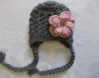 Baby earflap hat Baby girl hat Winter baby hat Newborn girl hat Crochet baby hat Charcoal baby hat Girl winter outfit Newborn girl outfit