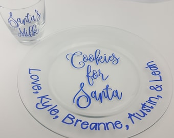 Cookies & Milk For Santa Set, Cup, Plate, Personalized, Blue Glitter