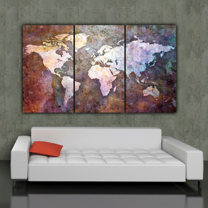 World Map Art On Canvas Multi Color 3 Panel Large Canvas