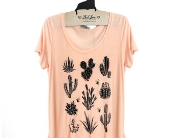 Large- Light Peach Scoop Neck Slub Tee with Cactus Screen Print