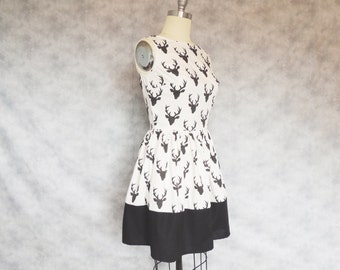Oh Deer! - Quirky Whimsical Black and White Casual Deer Print Dress
