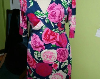 Elegant Floral Print Flora Kung Silk Jersey Knit Dress