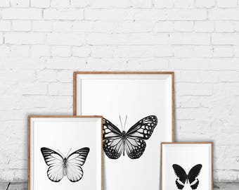 Butterfly print set - Monochrome decor - Minimalist home - Black and white wall art - Butterflies printable - Monochrome art prints