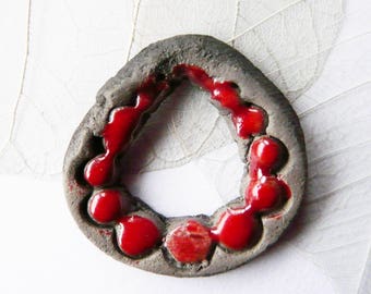 Pendant raku ceramic drop beaded, red enamel, unique, handmade