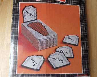 Plastic Canvas Halloween Coaster Kit Vintage Halloween Plastic Canvas Kit Tombstone Halloween Plastic Coaster kit Unopen