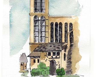 Original Pen and Ink with Watercolor Wash Painting - Urban Sketching - Gothic Style Building with Tower - Not a Print