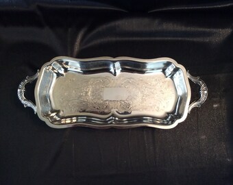 Silverplate footed tray with handles and etched pattern