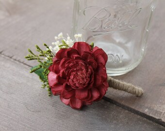 Burgundy Sola Boutonniere, Faux Leaf Sola Boutonniere, Burgundy Boutonniere, Burgundy Button Hole, Red Boutonniere, Boutineers