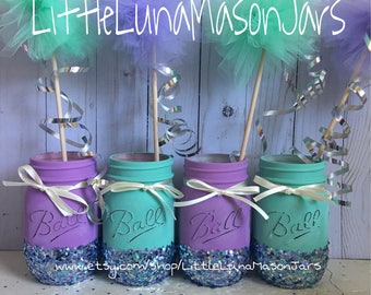 Teal and purple hand painted pint sized jars with glitter bottoms, birthday party centerpiece, baby shower decor, desk decor, room decor