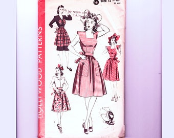 1940s Hollywood Pattern Womens Aprons Pinafore Dress with Large Pockets and Hat Sewing Pattern Size 16 Bust 34