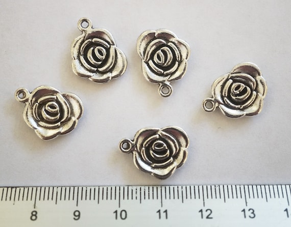 BULK 50 Rose flower connector charms antique silver tone F30