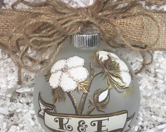 Cotton boll, Christmas Ornament, Handpainted Personalized, southern, monogram, farmhouse decor, Country style, Rustic decor, hearth and home