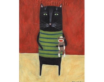 Whimsical Cat PRINT, Funny Cat Art, Sock Monkey Art, Black Cat Print, Cute Picture, Kids Decor, Quirky Wall Art, Happy Picture, Kitty