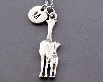 Giraffe necklace, Giraffe mom and baby, Giraffe charm, Silver giraffe, Mom and daughter, initial necklace, personalized, monogram