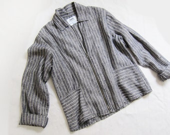 Vintage FLAX Jacket - Jeanne Engelhart - Linen Jacket - Striped Jacket - 90s Clothing - Gray Linen Long Sleeve Top - 90s Jacket Small