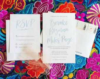 Simple Brush Lettering Wedding Invites / Dusty Blue French Blue Watercolor / Semi-Custom Wedding Invitation Suite / Printed Invitations
