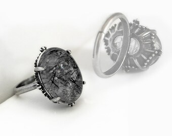 Black Rutilated Tourmalinated Quartz Ring // Oxidized Silver Adjustable // Grey Stone Ring gift for women