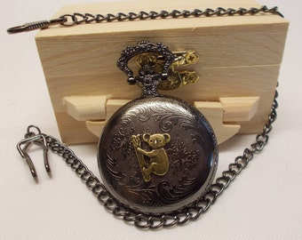 Koala Bear Pocket Watch with Classic Chain & Clip - Personalize Gift - Artisan Original Pocket Watch - Holiday Sale - Free US Shipping