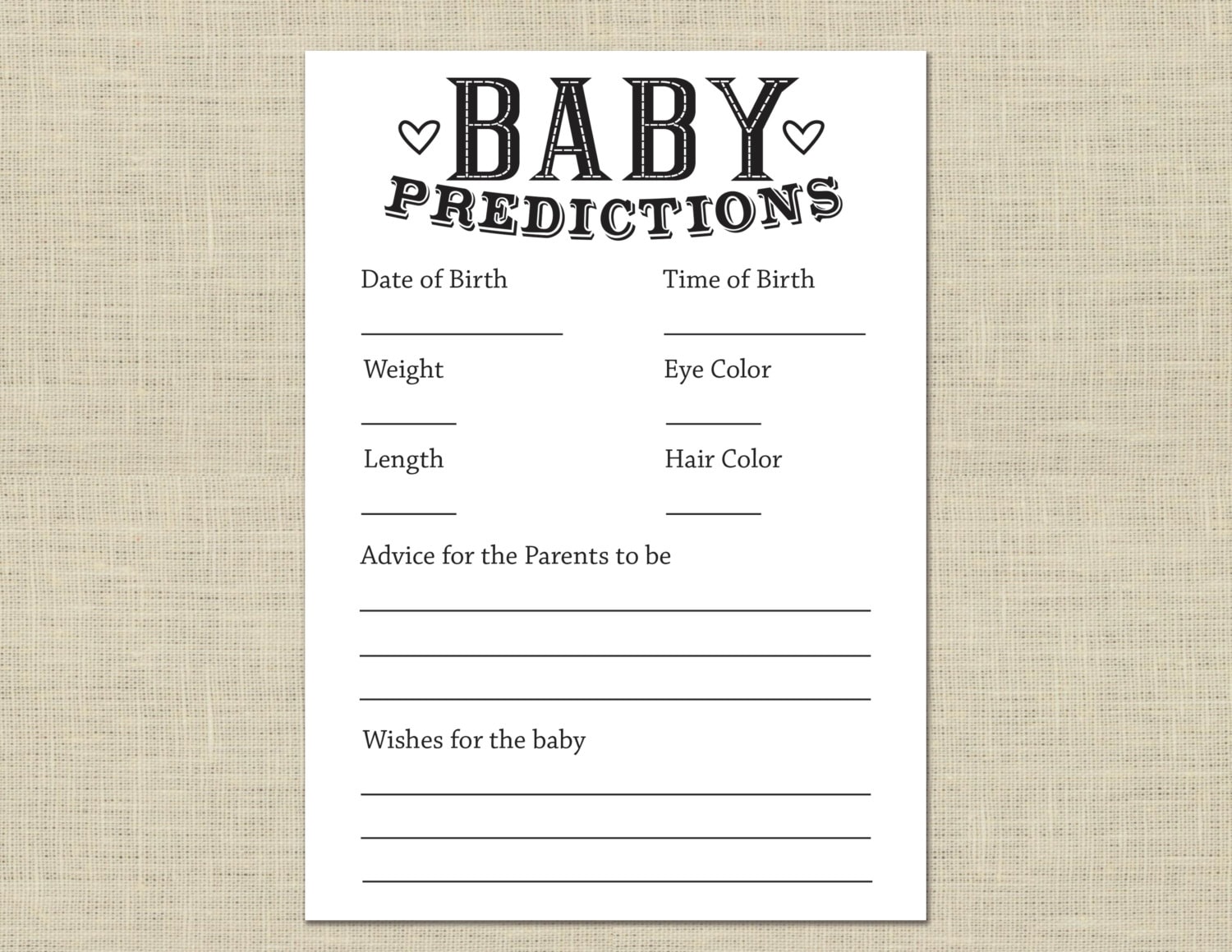 Baby Predictions Card Printable Digital Download Instant