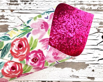 Double Sided Fabric with Hot Pink Rose Print and Fuchsia Glitter - Double Sided Faux Leather Sheet - Faux Leather Craft Sheet