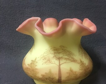 Vintage Fenton A. Farley Hand Painted Burmese Rose Bowl Satin Yellow Pink Ruffle Vase