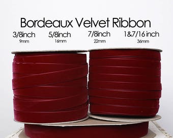Bordeaux Nylvalour Swiss Velvet Ribbon 3/8inch, 5/8inch, 7/8inch, 1&7/16inch red purple velvet, deep red velvet, zinfandel velvet (390)
