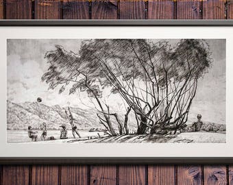 July noon. Art Original Etching by Zuev Aleksei, 8x17" engraving, willow art, summer rest painting, Black White