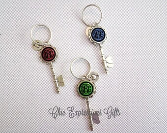 Monogrammed brass skeleton key keychain