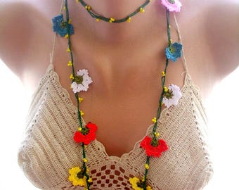 crochet necklace, flower crochet necklace, crochet lace jewelry, flower necklace , beaded necklace, gift for her