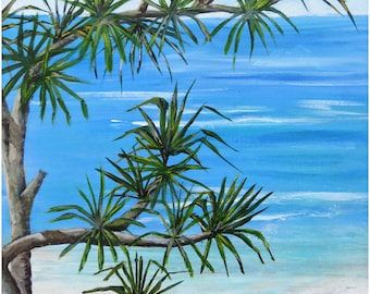 Acrylic Painting, Beach Scene and Pandanas