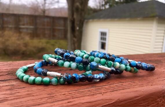 Dark Blue & Green Faceted Agate Beaded Stack Bangles