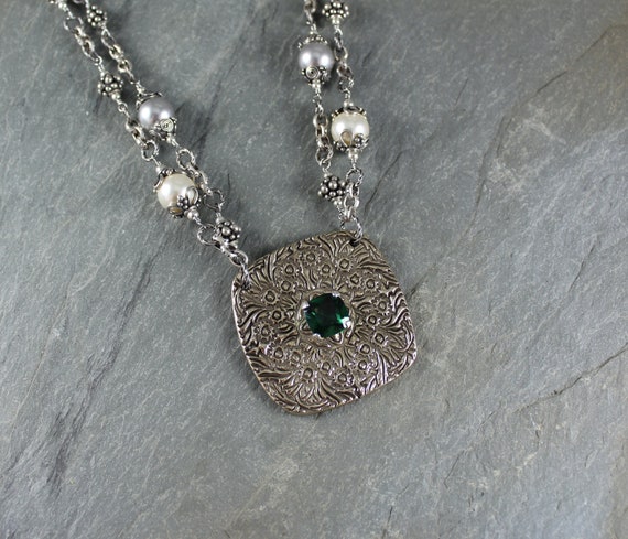 Rustic Romantic ~ Emerald pendant ~ Pearl necklace ~ Artisan Handcrafted