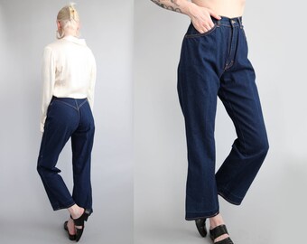 Vtg 80s Dark Denim Cropped Kick Flare Jeans 24" Waist sz XS