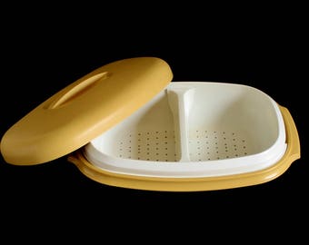 Tupperware Steamer, "Meals in Minutes" Divided MicroSteamer, Complete Set, Harvest Gold, 1970s Kitchen 1273 1274 1275 1276