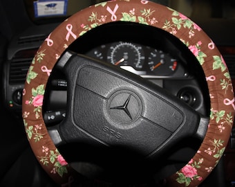 Brown With Pink Flowers Steering Wheel Cover Womens