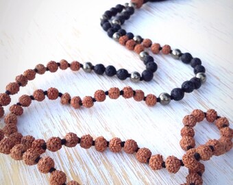 Black Lava Stone Pyrite Rudraksha Mala, Mala Necklace, Mala Beads 108, Mala Bead Necklace, 108 Mala Necklace, Mala Beads, Buddhist Jewelry