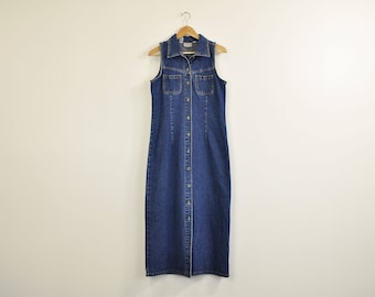 Long Denim Dress, Minimal Denim Maxi Dress, 90s Minimal Dress, 90s Casual Sleeveless Dress, Vintage Denim Dress, Simple Full Length Dress