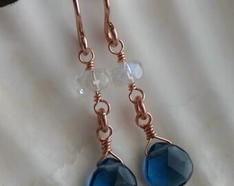 Dark sapphire blue quartz and blue flash moonstone wire wrapped briolette drop earrings - 14k rose gold filled handmade gemstone jewelry
