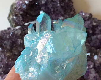 Aqua Aura Quartz Crystal, Gold Fumed Crystal, Gemstone, Mineral, Metaphysical New Age Healing