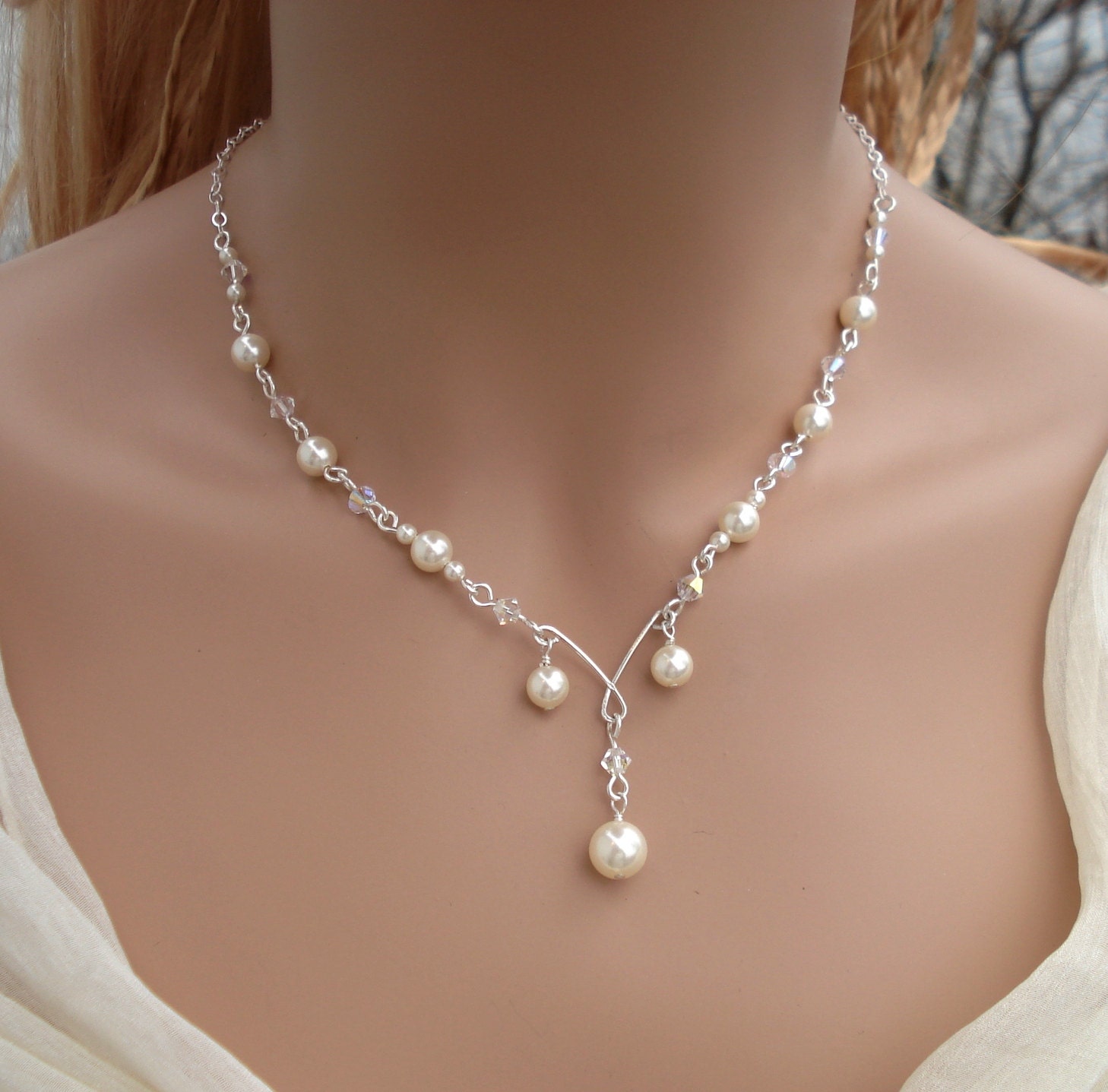 Elegant Bridal Jewelry Set Wired Crystal Cream/Ivory Pearl