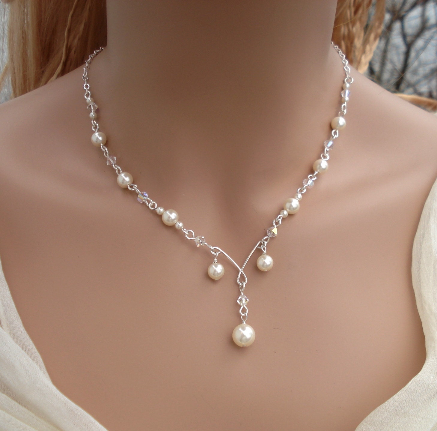 Elegant Bridal Jewelry Set Wired Crystal Creamivory Pearl 8982