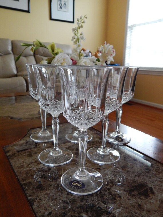 Vintage Cut Crystal Tall Stemmed Wine Glasses Set of 6 Old
