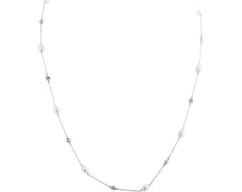 Pearl and CZ necklace, freshwater pearl sterling silver necklace By The Yard, Station cz necklace, Silver pearl cz necklace,